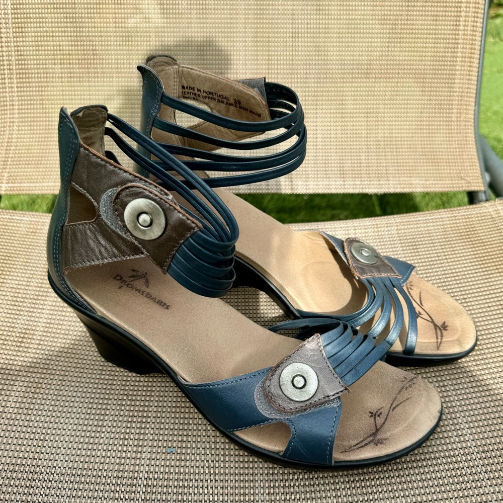 Dromedaris blue sandals wedge leather European comfort shoes size 9 sandal heel